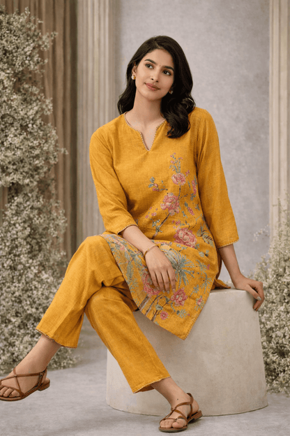 Mustard Yellow Floral & Peacock Printed Kurta Pant Set (SWDH25) - SortedMart