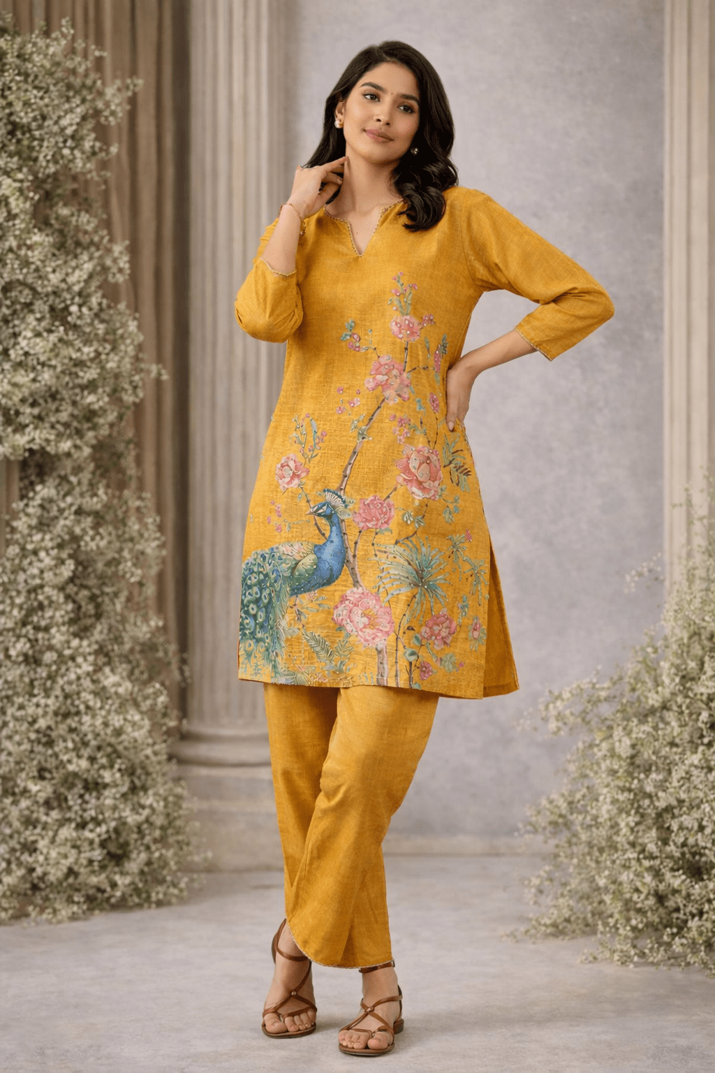 Mustard Yellow Floral & Peacock Printed Kurta Pant Set (SWDH25) - SortedMart