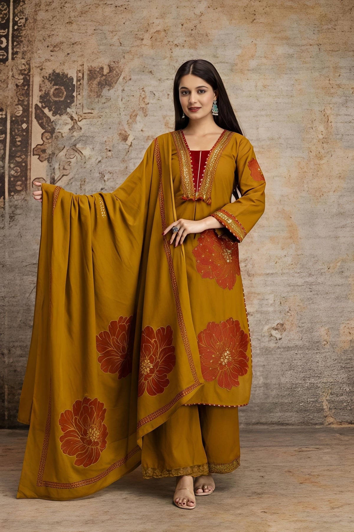 Mustard Yellow Floral Printed Kurta Palazzo Set with Dupatta (RD32) - SortedMart