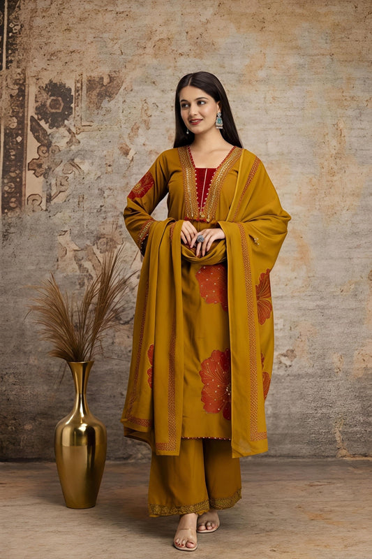 Mustard Yellow Floral Printed Kurta Palazzo Set with Dupatta (RD32) - SortedMart