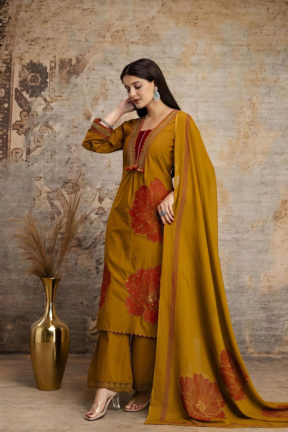 Mustard Yellow Floral Printed Kurta Palazzo Set with Dupatta (RD32) - SortedMart