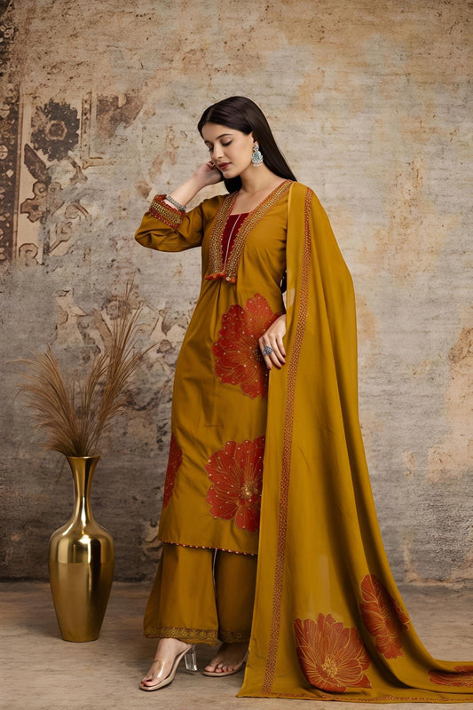 Mustard Yellow Floral Printed Kurta Palazzo Set with Dupatta (RD32) - SortedMart