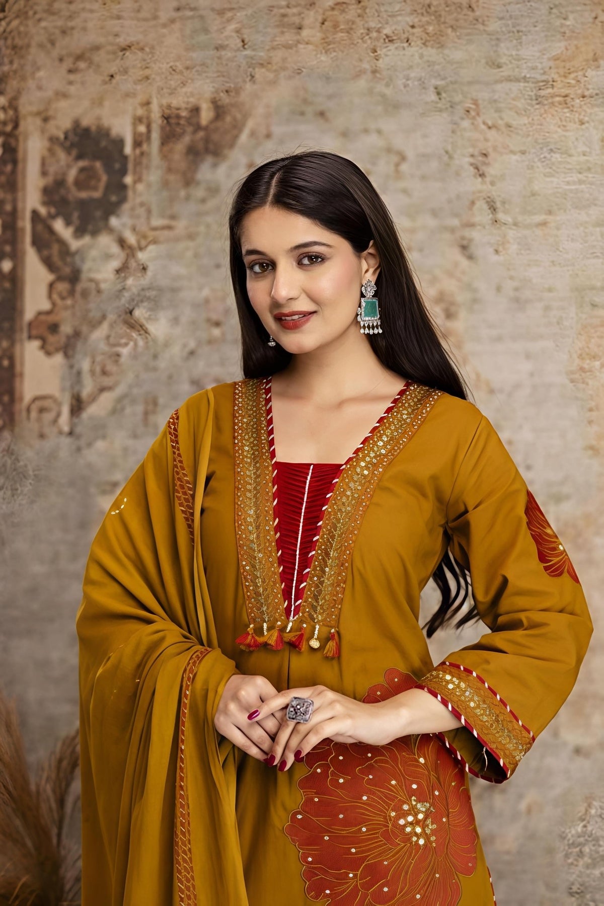 Mustard Yellow Floral Printed Kurta Palazzo Set with Dupatta (RD32) - SortedMart