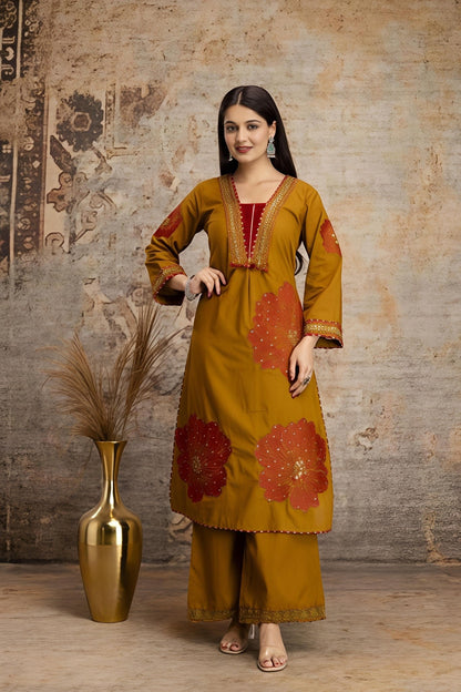 Mustard Yellow Floral Printed Kurta Palazzo Set with Dupatta (RD32) - SortedMart