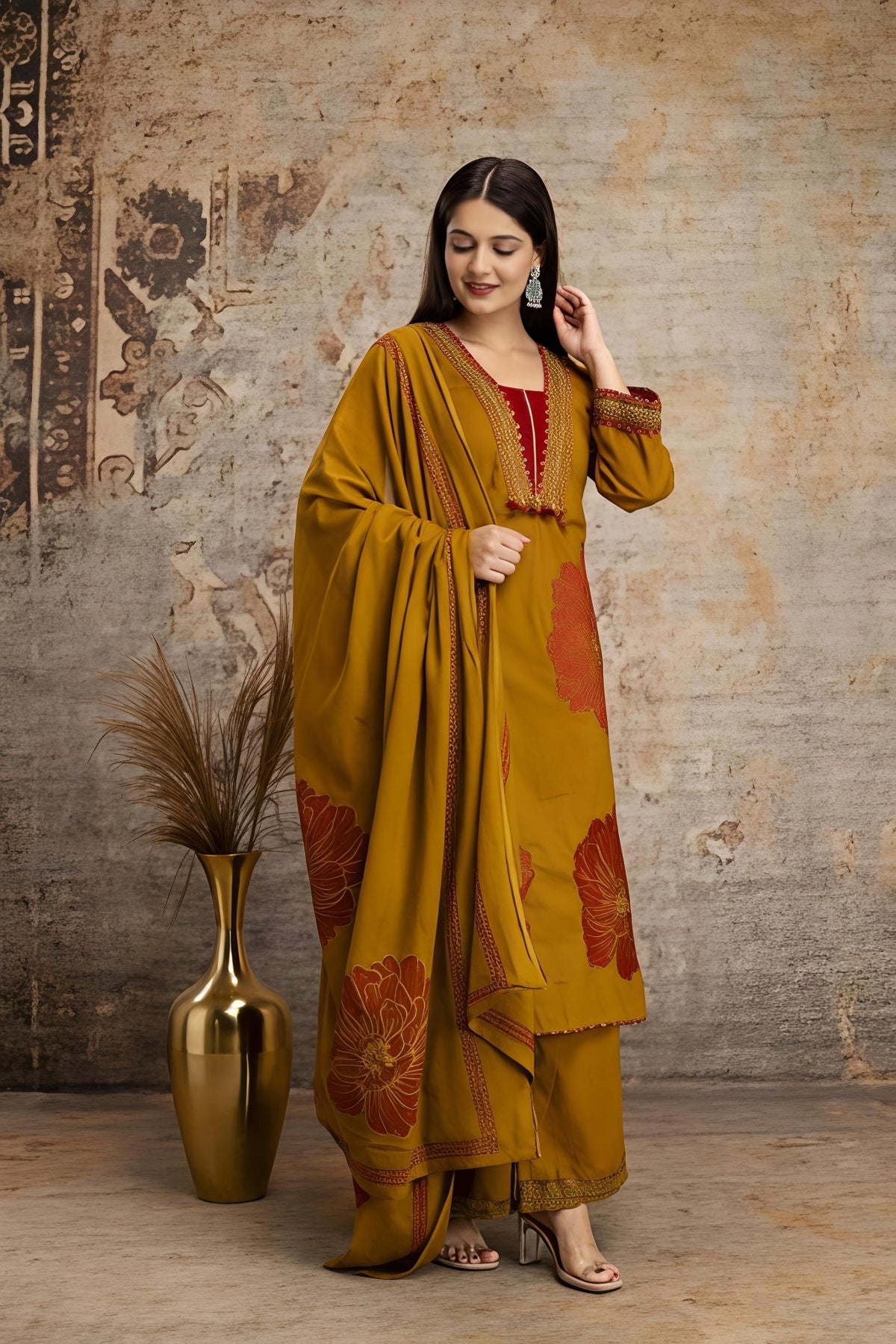 Mustard Yellow Floral Printed Kurta Palazzo Set with Dupatta (RD32) - SortedMart