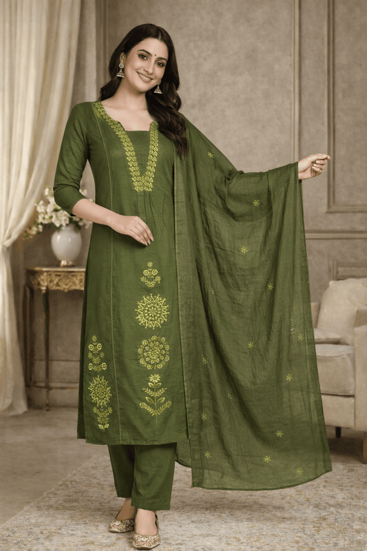 Olive Green Embroidered Kurta Set with Dupatta (SWDH22) - SortedMart