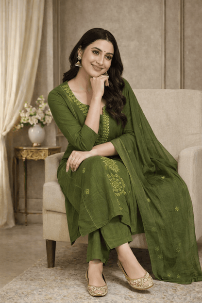 Olive Green Embroidered Kurta Set with Dupatta (SWDH22) - SortedMart