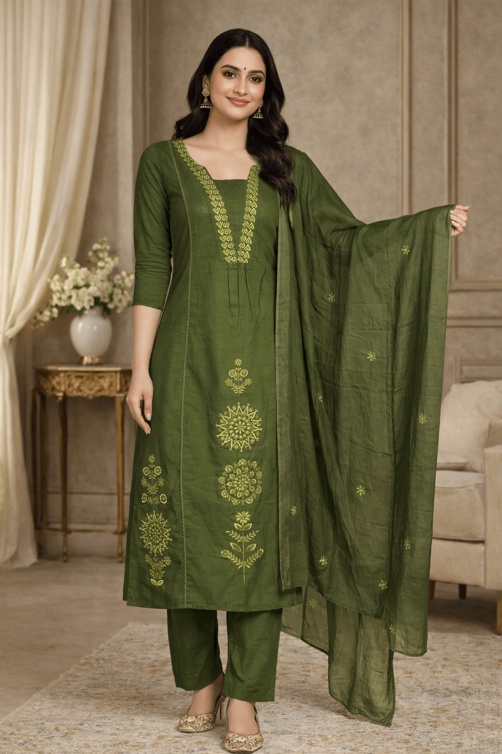 Olive Green Embroidered Kurta Set with Dupatta (SWDH22) - SortedMart