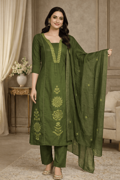 Olive Green Embroidered Kurta Set with Dupatta (SWDH22) - SortedMart