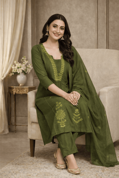Olive Green Embroidered Kurta Set with Dupatta (SWDH22) - SortedMart