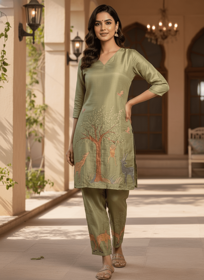 Olive Green Nature-Inspired Printed Kurta Pant Set (SWDH24) - SortedMart