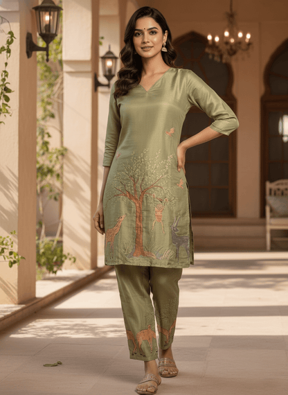 Olive Green Nature-Inspired Printed Kurta Pant Set (SWDH24) - SortedMart