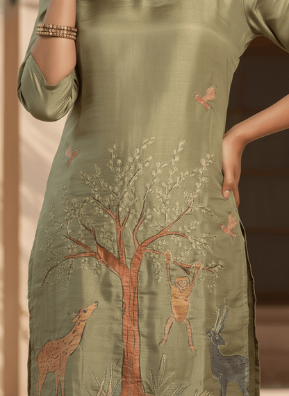 Olive Green Nature-Inspired Printed Kurta Pant Set (SWDH24) - SortedMart