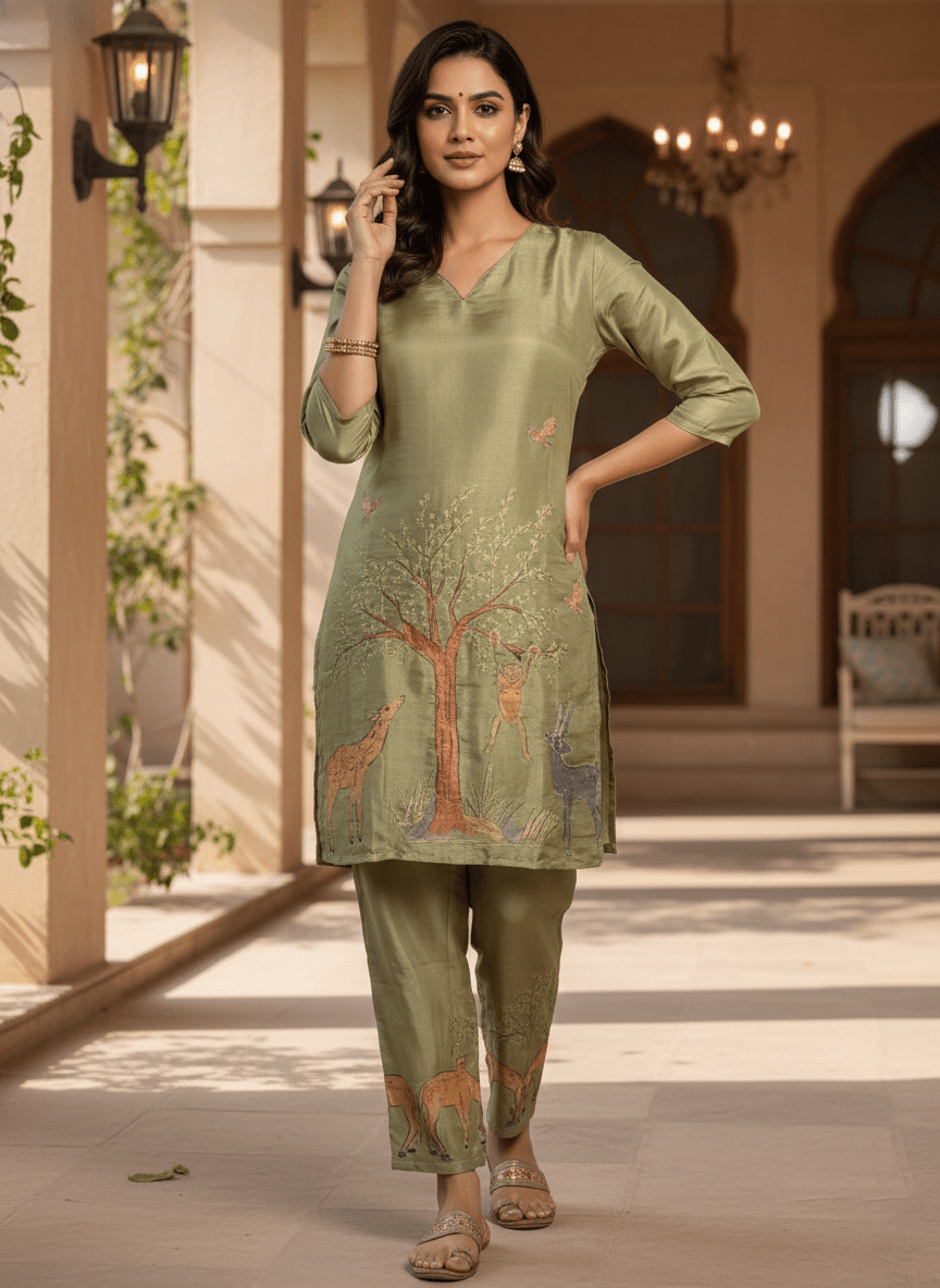 Olive Green Nature-Inspired Printed Kurta Pant Set (SWDH24) - SortedMart
