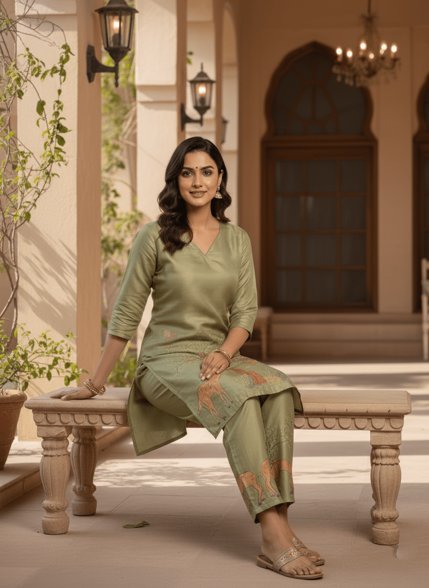 Olive Green Nature-Inspired Printed Kurta Pant Set (SWDH24) - SortedMart