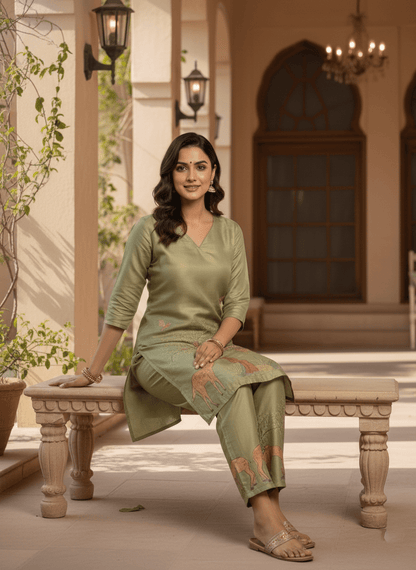 Olive Green Nature-Inspired Printed Kurta Pant Set (SWDH24) - SortedMart