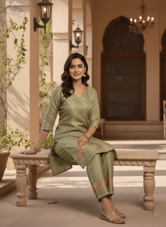 Olive Green Nature-Inspired Printed Kurta Pant Set (SWDH24) - SortedMart