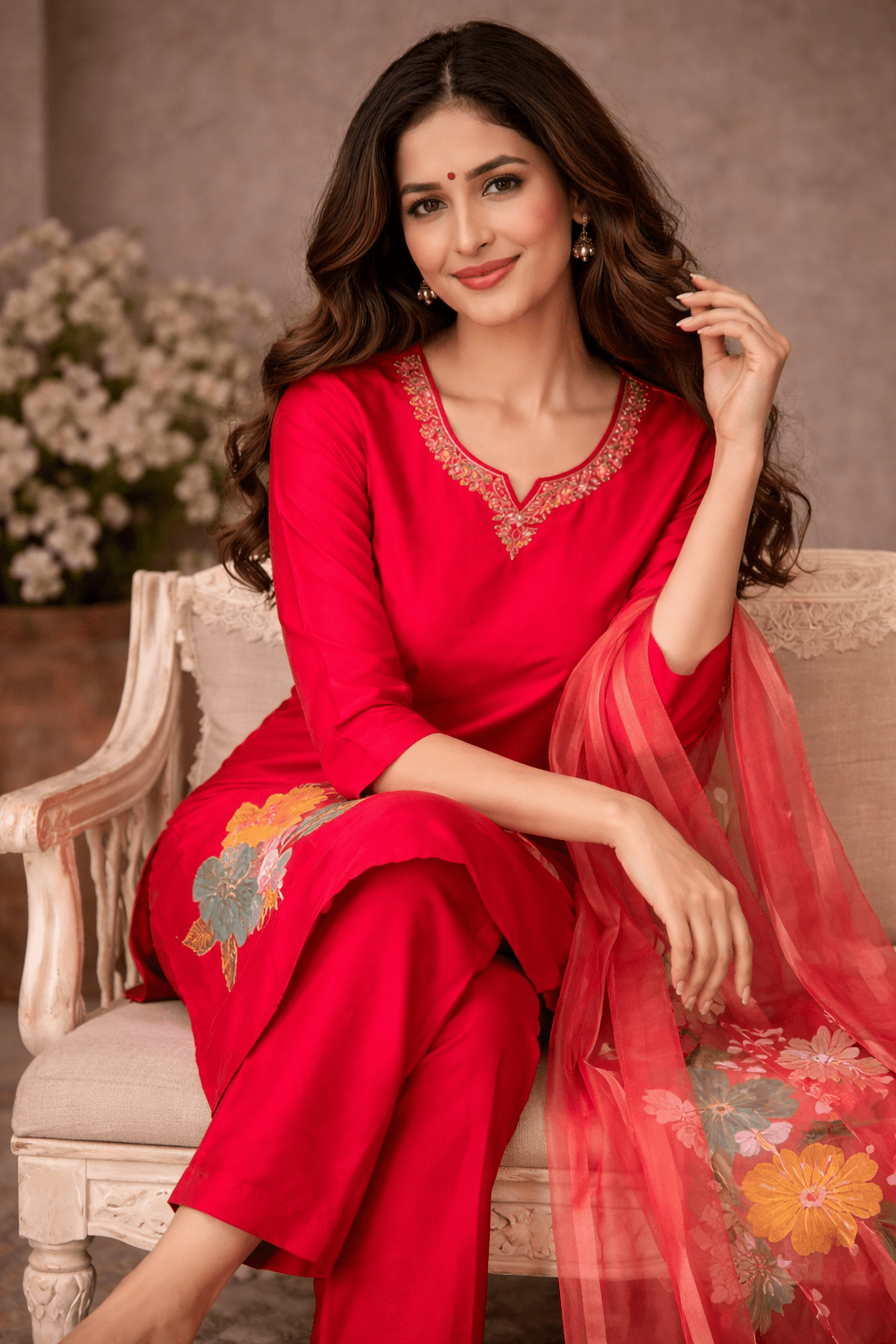 Pink Floral Printed Kurta Set with Organza Dupatta for Women (SWDH15) - SortedMart