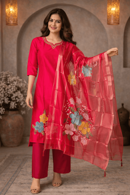 Pink Floral Printed Kurta Set with Organza Dupatta for Women (SWDH15) - SortedMart