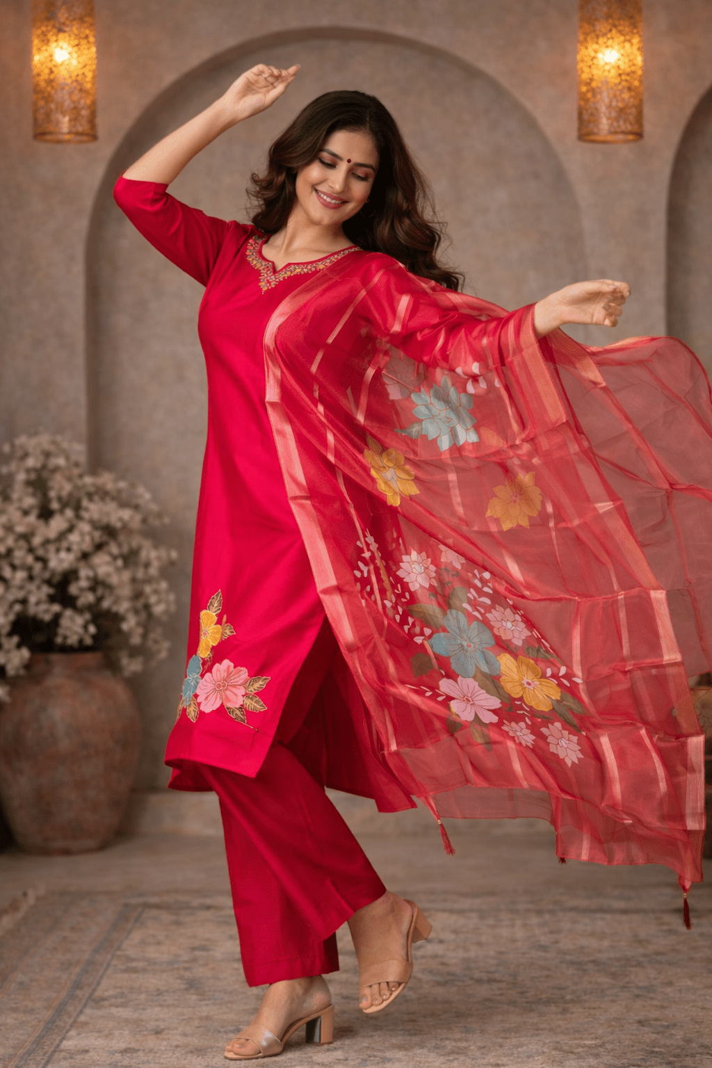 Pink Floral Printed Kurta Set with Organza Dupatta for Women (SWDH15) - SortedMart