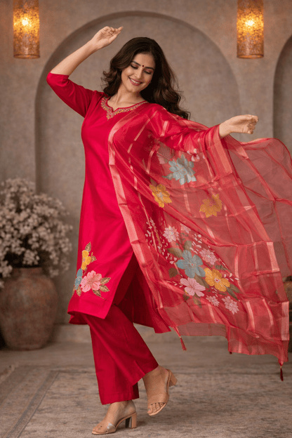 Pink Floral Printed Kurta Set with Organza Dupatta for Women (SWDH15) - SortedMart
