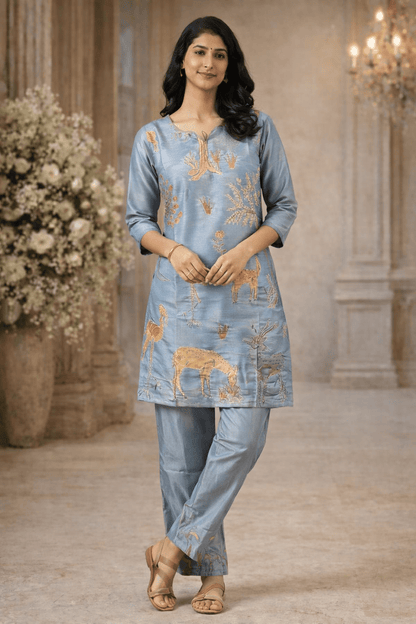 Powder Blue Nature-Inspired Printed Kurta Set (SWDH23) - SortedMart