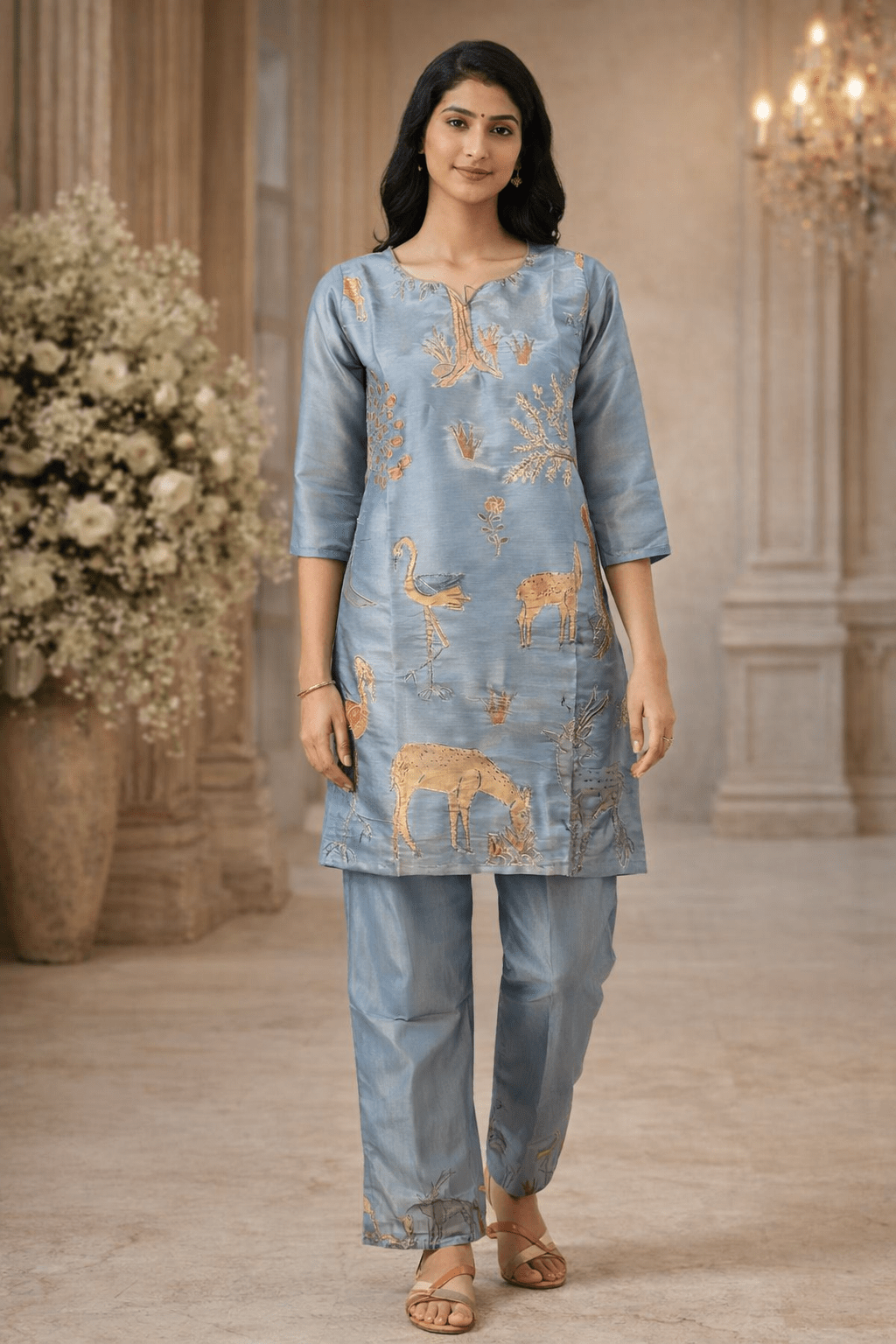 Powder Blue Nature-Inspired Printed Kurta Set (SWDH23) - SortedMart