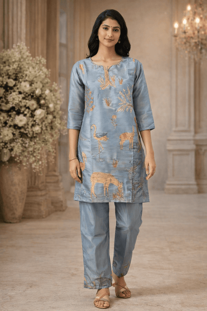 Powder Blue Nature-Inspired Printed Kurta Set (SWDH23) - SortedMart