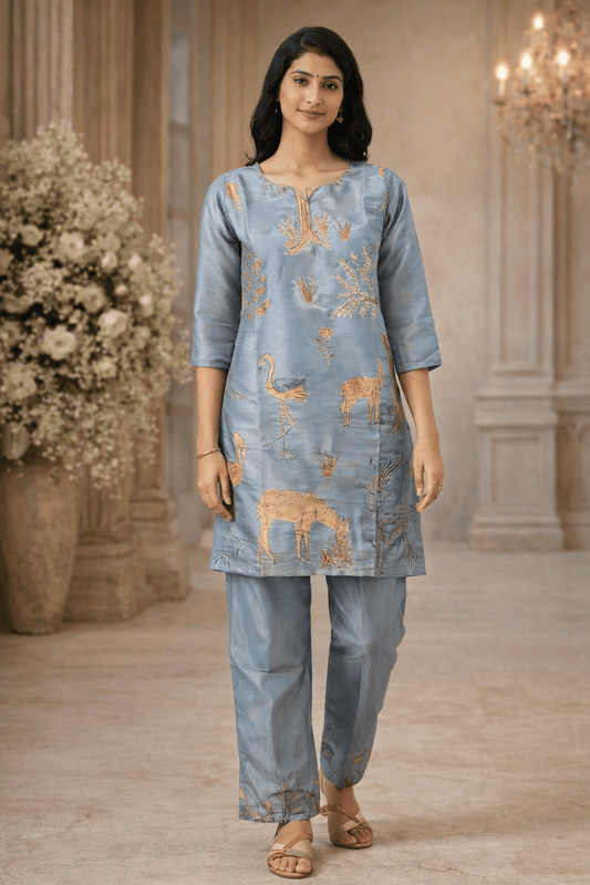 Powder Blue Nature-Inspired Printed Kurta Set (SWDH23) - SortedMart