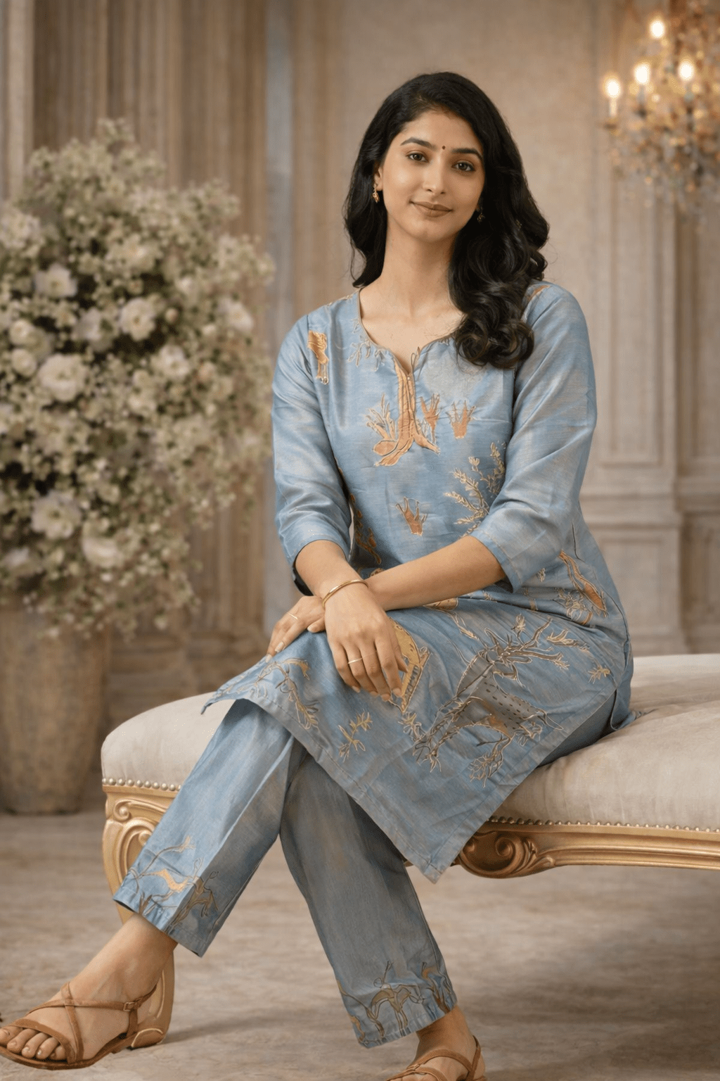 Powder Blue Nature-Inspired Printed Kurta Set (SWDH23) - SortedMart
