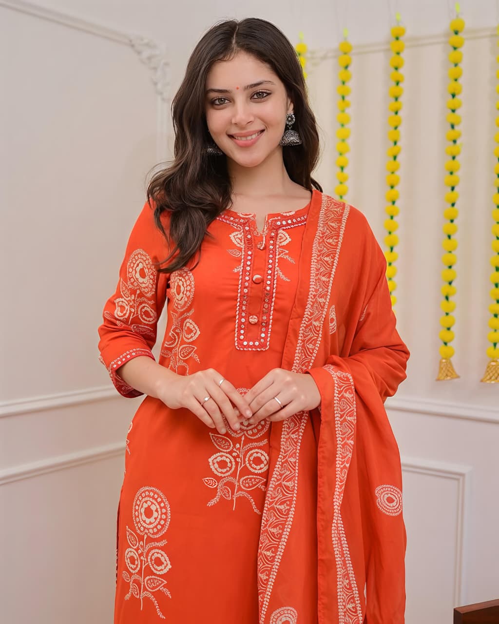 Pure Cotton discharge print kurti with pant and mulmul printed dupatta(SWSK53) - SortedMart