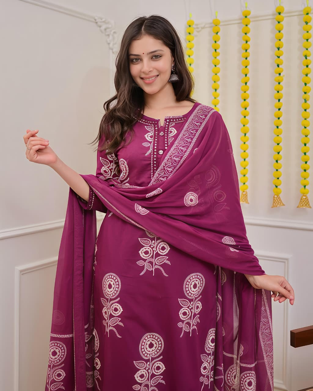 Pure Cotton discharge print kurti with pant and mulmul printed dupatta(SWSK53) - SortedMart