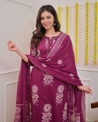 Pure Cotton discharge print kurti with pant and mulmul printed dupatta(SWSK53) - SortedMart
