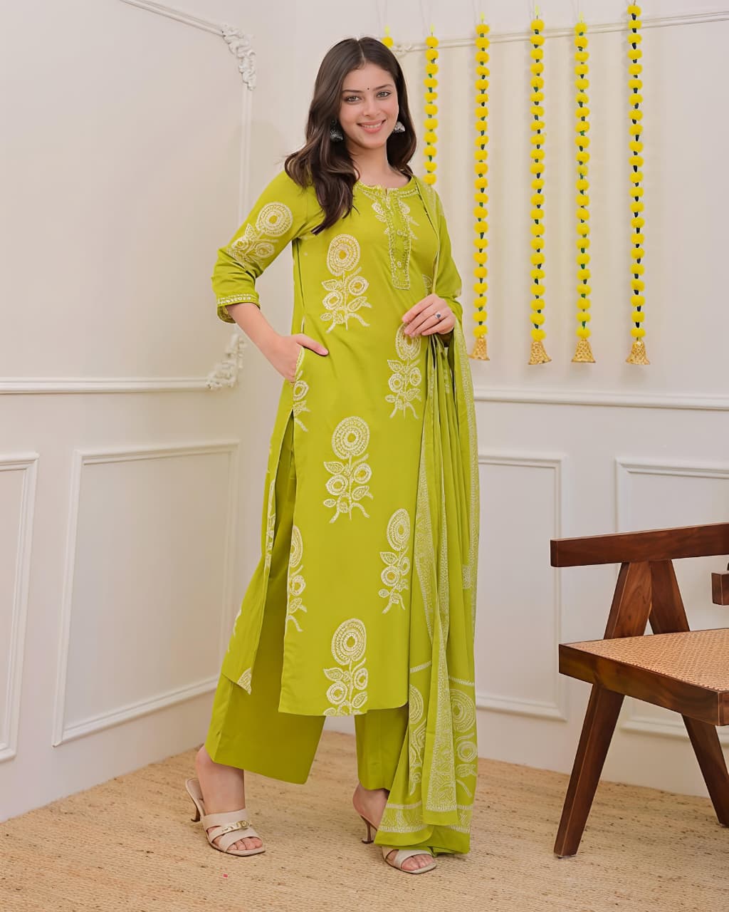 Pure Cotton discharge print kurti with pant and mulmul printed dupatta(SWSK53) - SortedMart