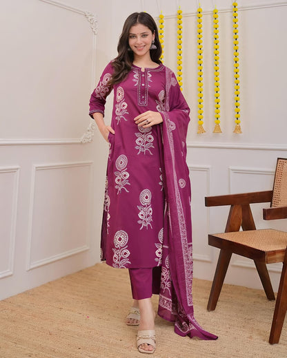 Pure Cotton discharge print kurti with pant and mulmul printed dupatta(SWSK53) - SortedMart