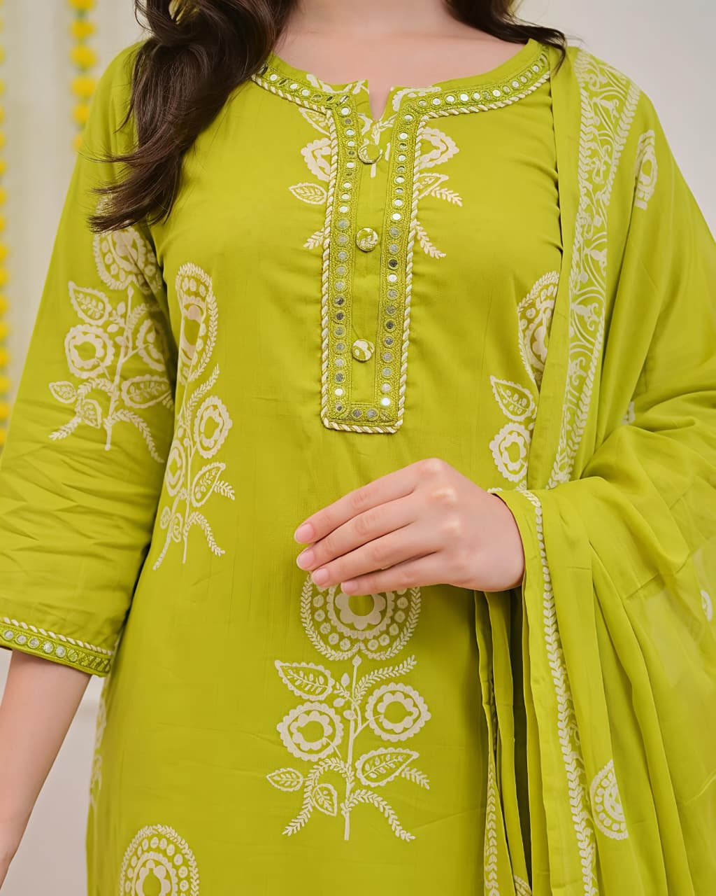 Pure Cotton discharge print kurti with pant and mulmul printed dupatta(SWSK53) - SortedMart