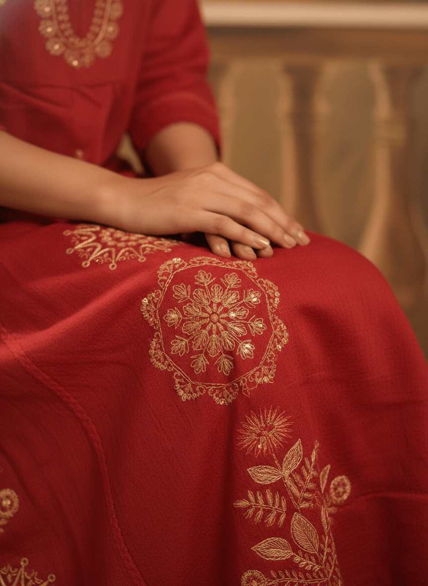 Red Embroidered Kurta Set with Matching Dupatta for Women (SWDH13) - SortedMart