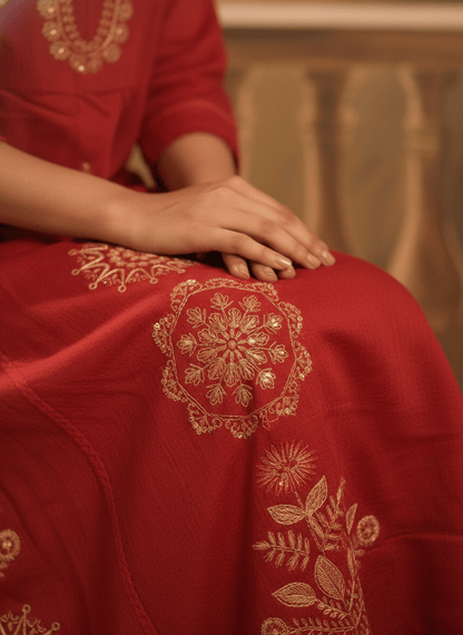 Red Embroidered Kurta Set with Matching Dupatta for Women (SWDH13) - SortedMart