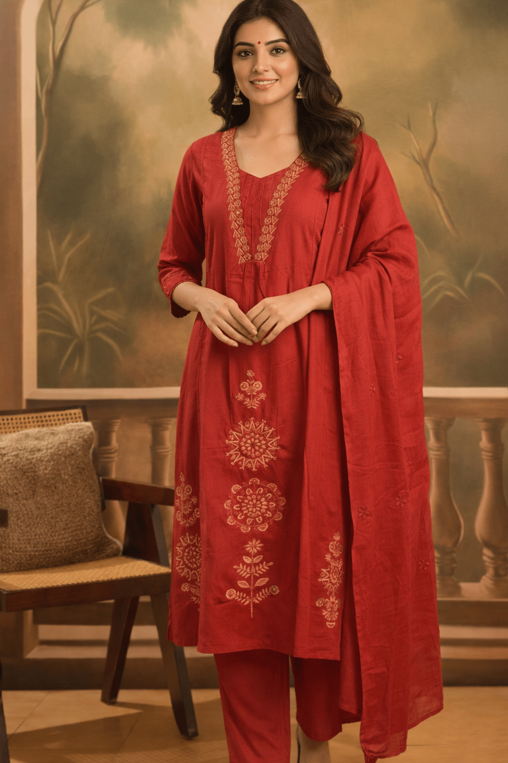 Red Embroidered Kurta Set with Matching Dupatta for Women (SWDH13) - SortedMart