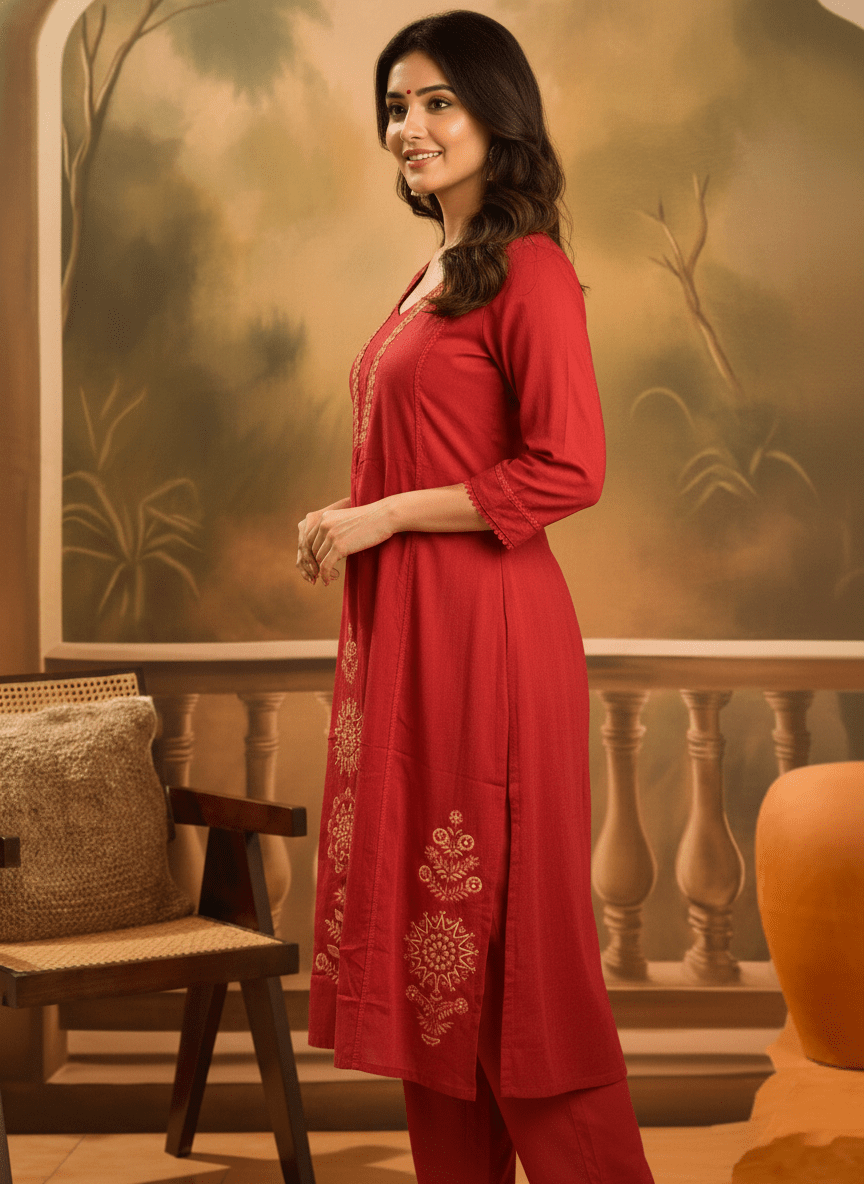 Red Embroidered Kurta Set with Matching Dupatta for Women (SWDH13) - SortedMart