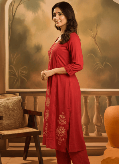 Red Embroidered Kurta Set with Matching Dupatta for Women (SWDH13) - SortedMart