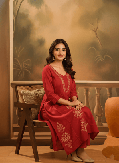 Red Embroidered Kurta Set with Matching Dupatta for Women (SWDH13) - SortedMart