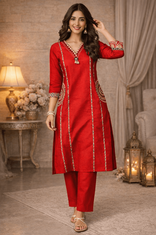 Red Printed & Embellished Kurta Set for Women (SWDH30) - SortedMart