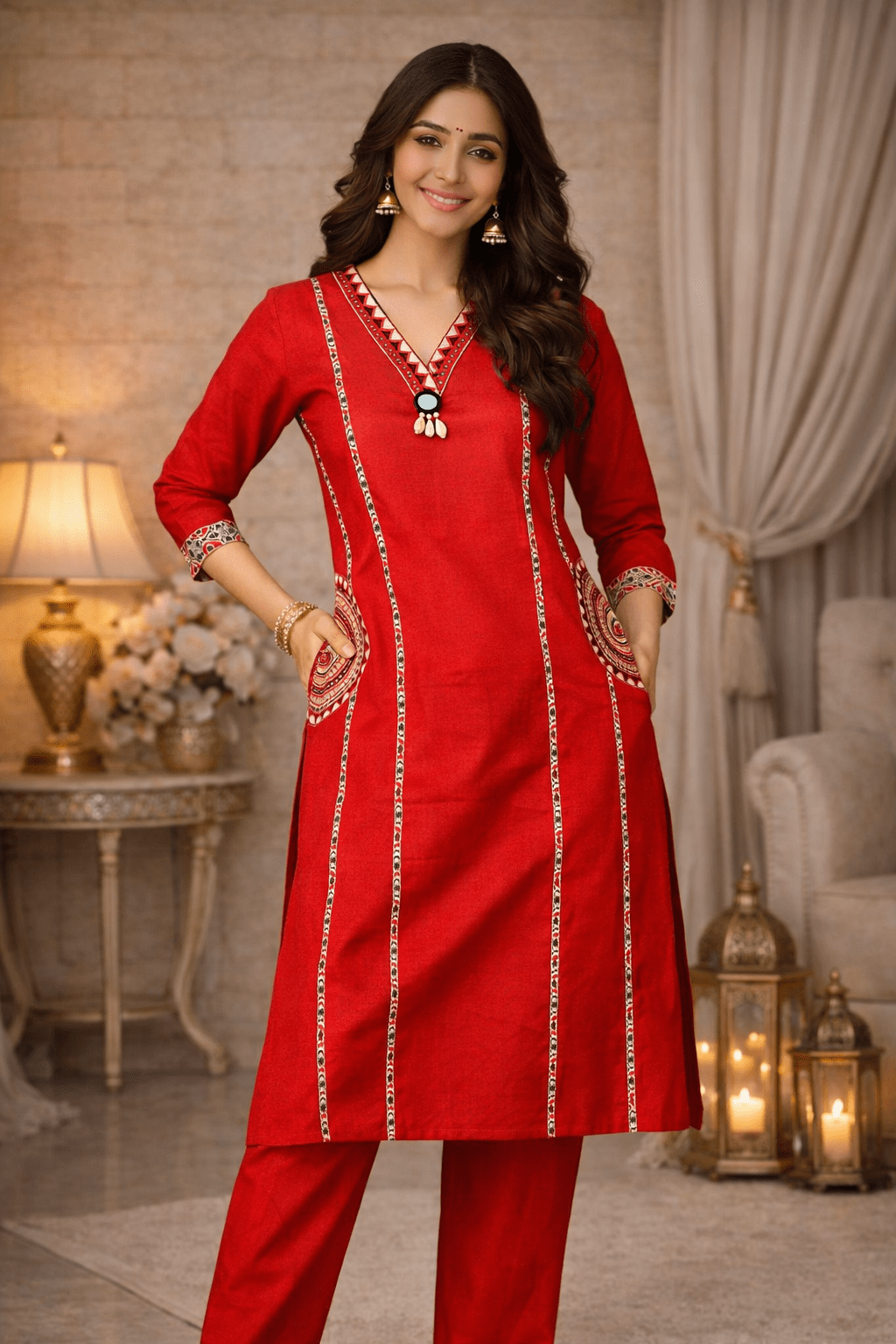 Red Printed & Embellished Kurta Set for Women (SWDH30) - SortedMart