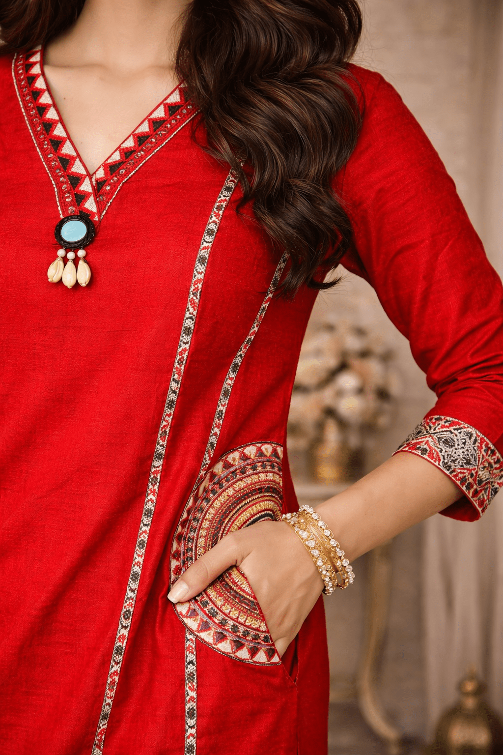 Red Printed & Embellished Kurta Set for Women (SWDH30) - SortedMart