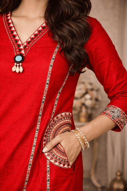 Red Printed & Embellished Kurta Set for Women (SWDH30) - SortedMart
