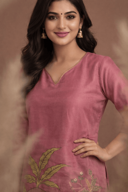 Rose Pink Elephant Motif Printed Kurta Pant Set (SWDH27) - SortedMart