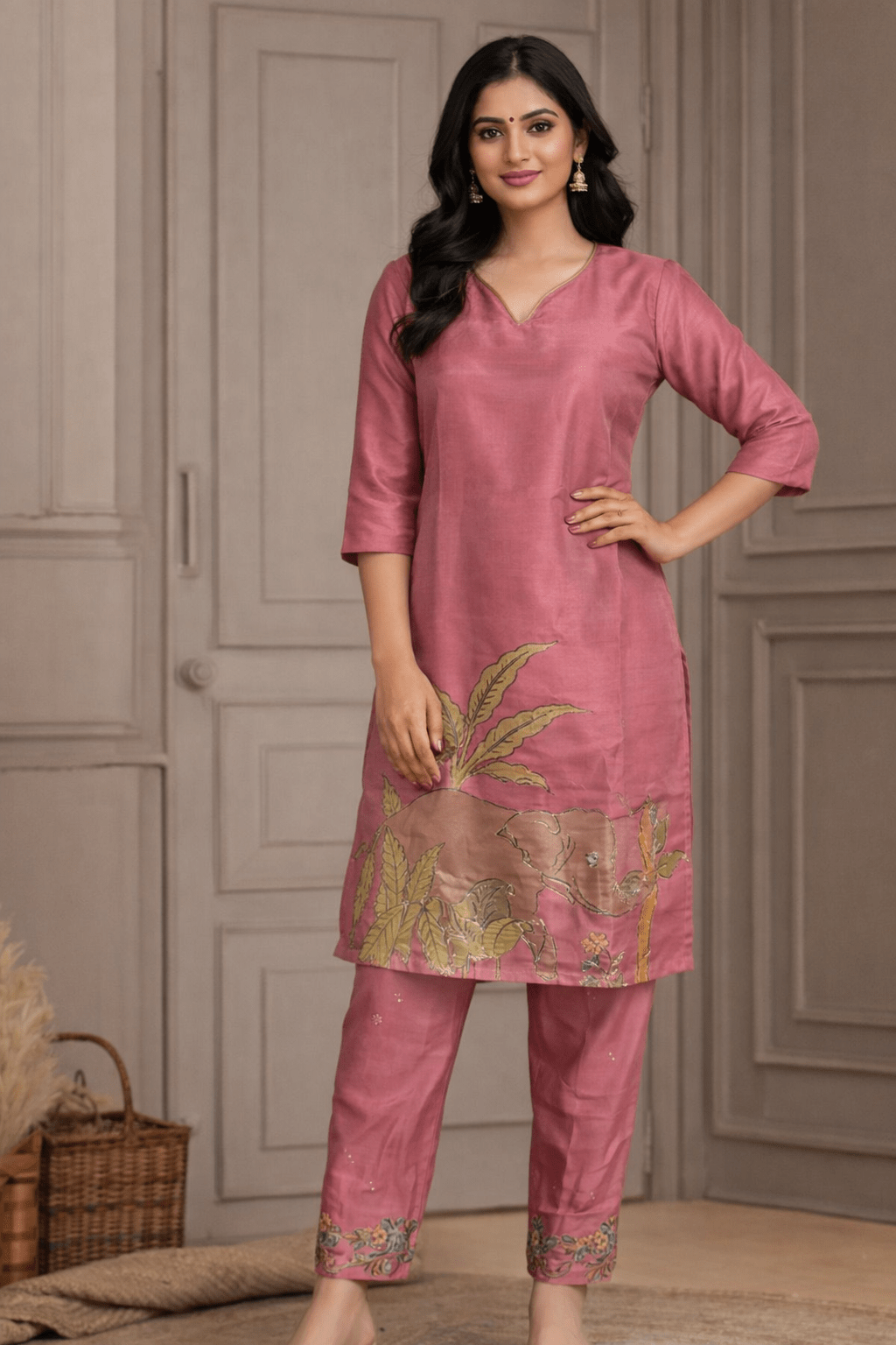 Rose Pink Elephant Motif Printed Kurta Pant Set (SWDH27) - SortedMart