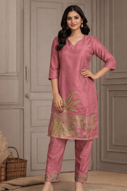Rose Pink Elephant Motif Printed Kurta Pant Set (SWDH27) - SortedMart