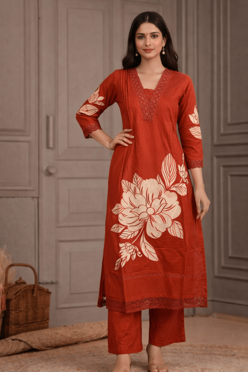 Rust Orange Floral Printed Kurta Palazzo Set with Dupatta (SWDH26) - SortedMart